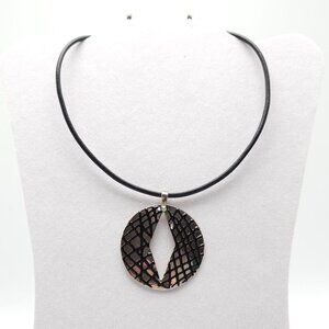 Chico's Black Embossed Pendant Necklace With Textured Circular Design